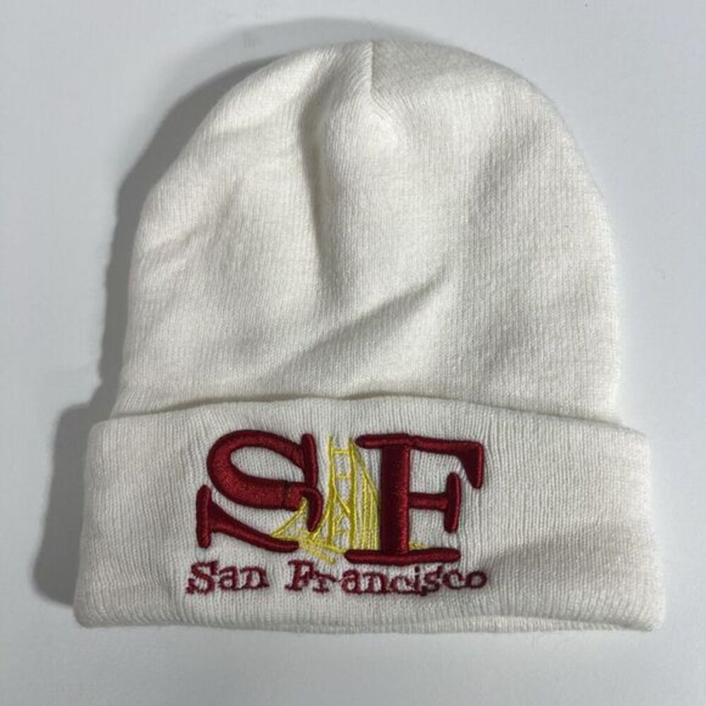 VGT San Francisco Knit Hat Beanie White Embroidered Red Logo‎ With Bridge